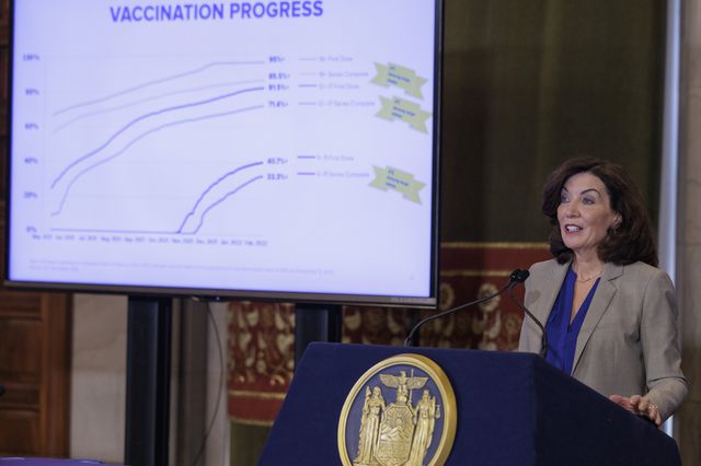 Governor Kathy Hochul stands at a podium for a news conference on February 27th announcing an end to the state's mandatory mask policy for indoor activities.